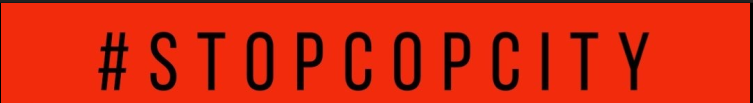 Black text on a red background reading #StopCopCity